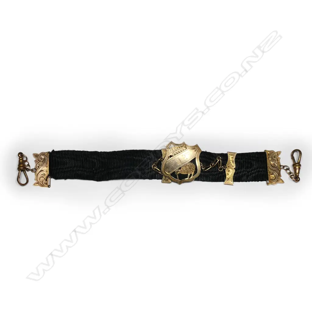 William Paterson (Dunedin) 9ct gold and black ribbon fob, Image 1++